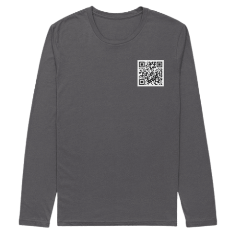 Charcoal long sleeve shirt with a small QR code printed on the chest